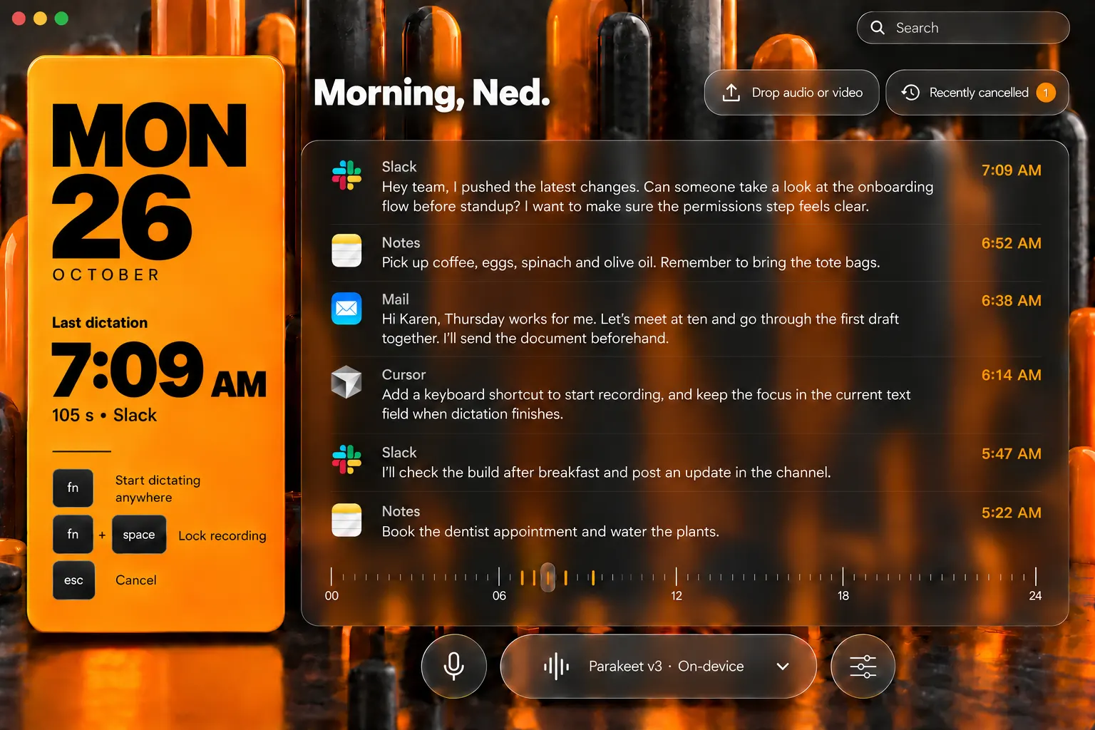 Whisnap for Mac, showing dictation history and recording controls.